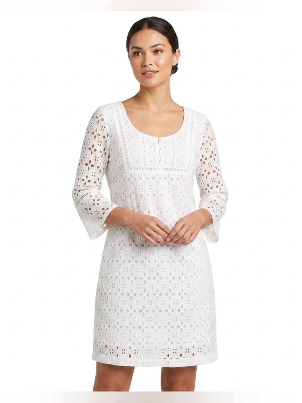 White Eyelet Dress Coverup Eyelet Embroidered Cutout 3/4 Sleeve Boho Shift 6